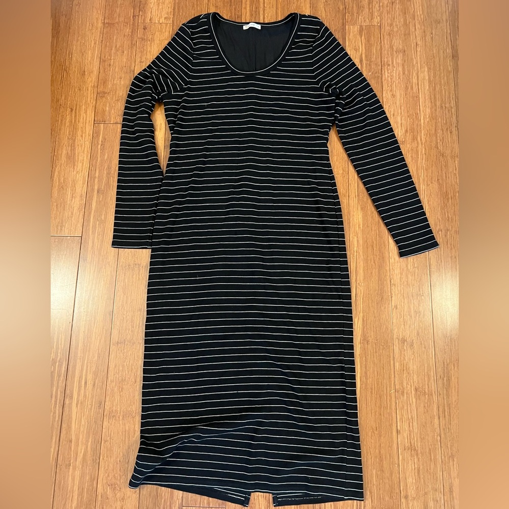 Marine Layer Black and White Striped Long Sleeve Midi Dress